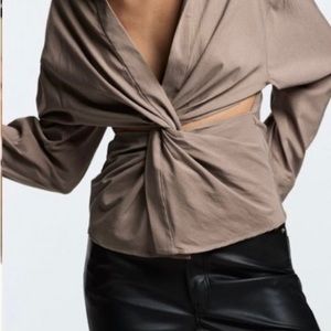 Zara Tan Shirt with V Neck Lapel Collar